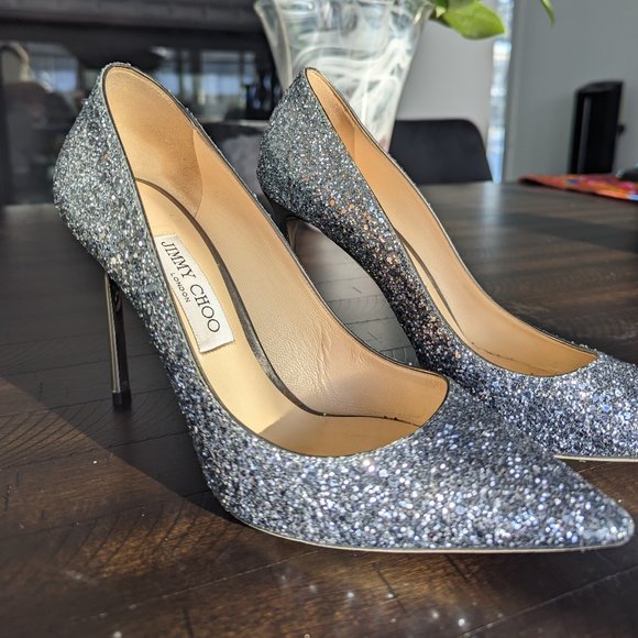 Jimmy Choo Romy 100 Navy Silver Ombre Glitter Stiletto Heels Pump EU 39.5 US 9.5 - Picture 11 of 13